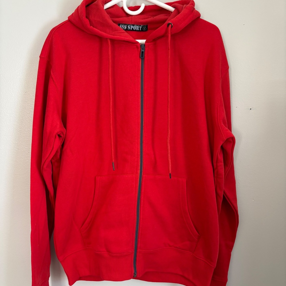 SSS Sport Mens Full Zip Hoodie Red Fleece Hooded‎ Sweatshirt Size Large L